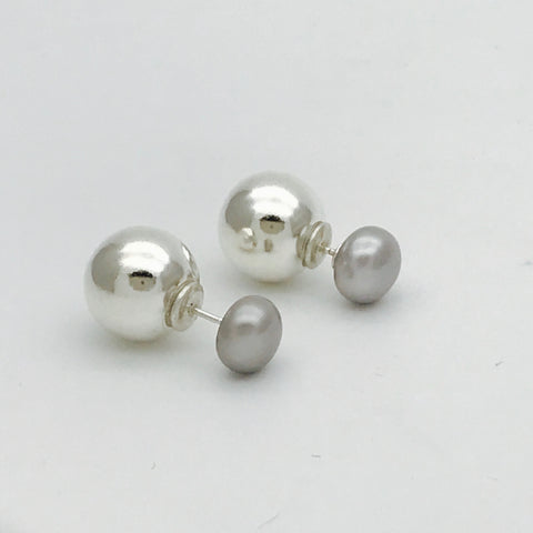 Front Back Fresh Water Pearl Grey/White/Ball Earrings