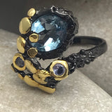 Blue Topaz and tanzanite black rhodium gold ring