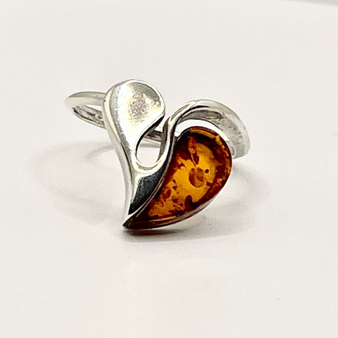 Amber heart silver ring