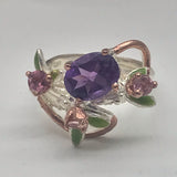 Amethyst and tourmaline sterling silver white and rose gold ring