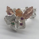 Opal and chrome diopside sterling silver gold, white and rose gold ring