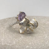 Amethyst and Diopside Sterling Silver and Gold sz 7 1/2 Ring Adjustable