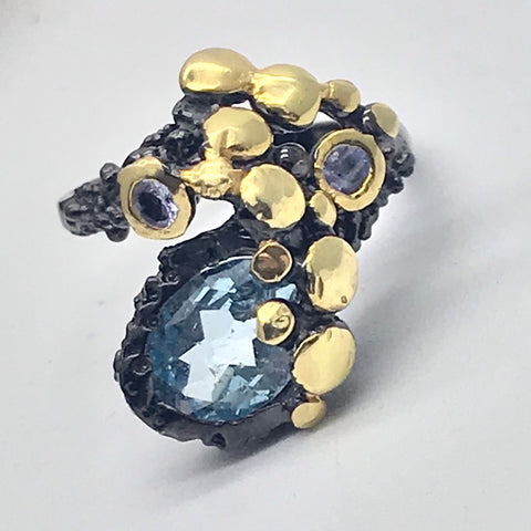 Blue Topaz and tanzanite black rhodium gold ring