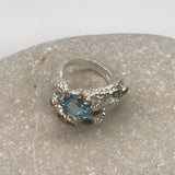 Topaz and green onyx sterling silver with white and rose gold ring sz 6