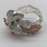 Opal and chrome diopside sterling silver gold, white and rose gold ring