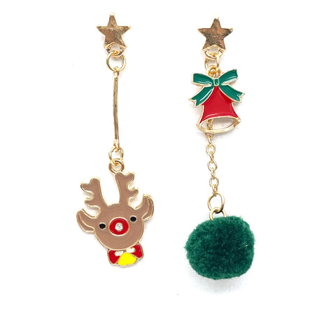 Xmas dangle earrings reindeer and bell