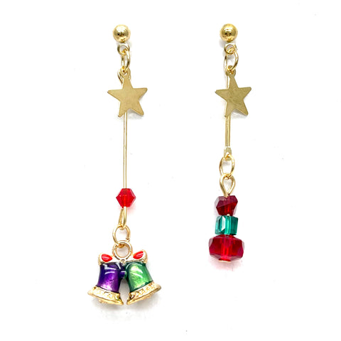 Xmas dangle earrings Xmas Bells, stars and crystal