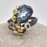 Blue Topaz and tanzanite black rhodium gold ring