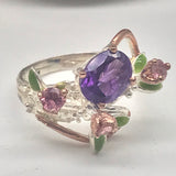 Amethyst and tourmaline sterling silver white and rose gold ring