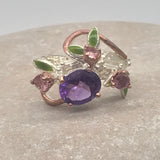 Amethyst and tourmaline sterling silver white and rose gold ring