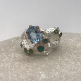 Topaz and green onyx sterling silver with white and rose gold ring sz 6