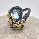 Blue Topaz and tanzanite black rhodium gold ring