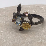 Topaz and tourmaline black rhodium gold ring