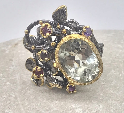 Stunning huge rare Amethyst black rhodium gold ring